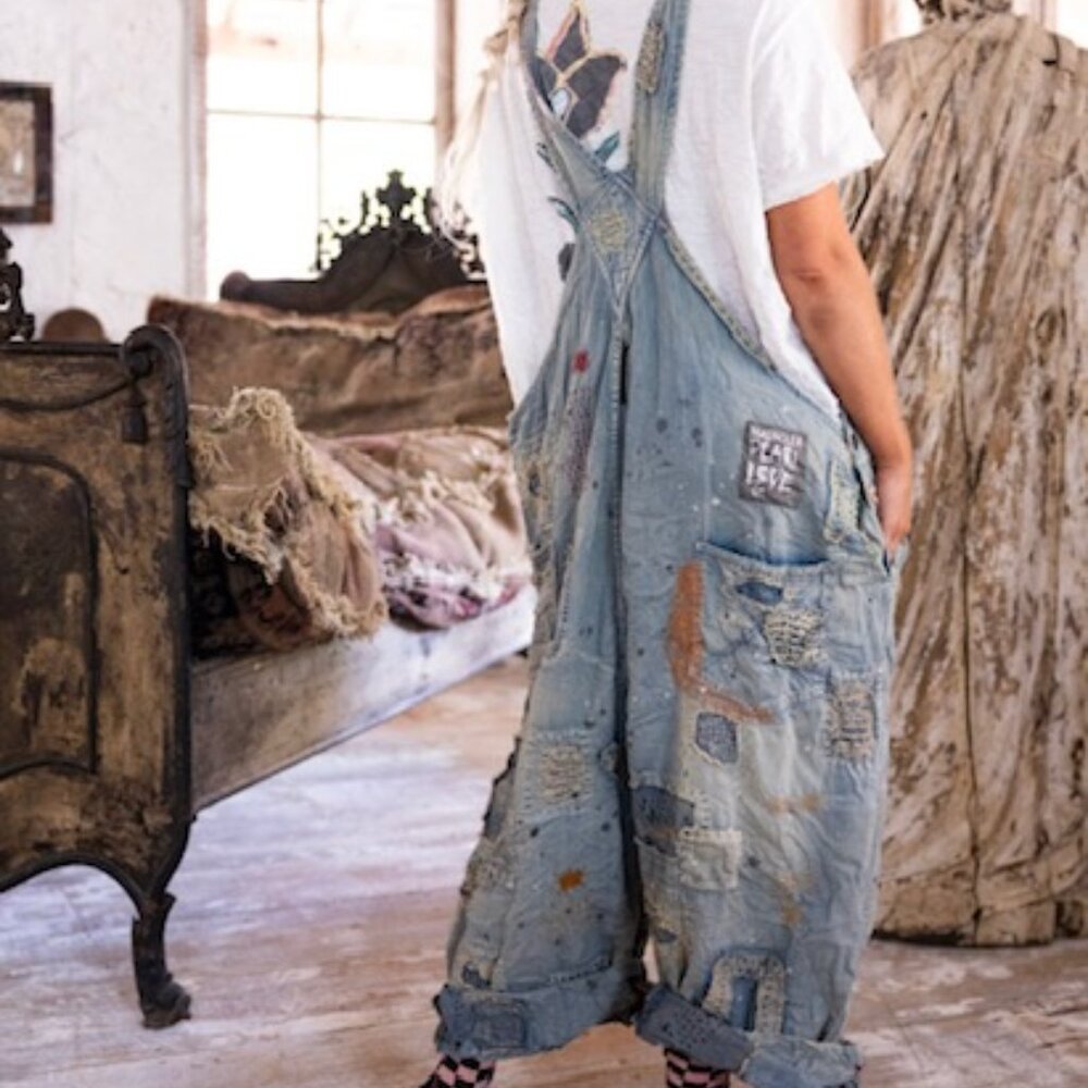 Magnolia Pearl Light Blue Patchwork Embroidered Denim Overalls Benjamins - Picture 2 of 16